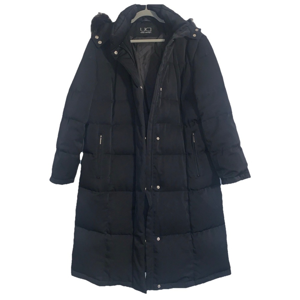 Utex Design Womens L Parka Down Puffer Coat Hooded Fur Quilted Black Long Jacket